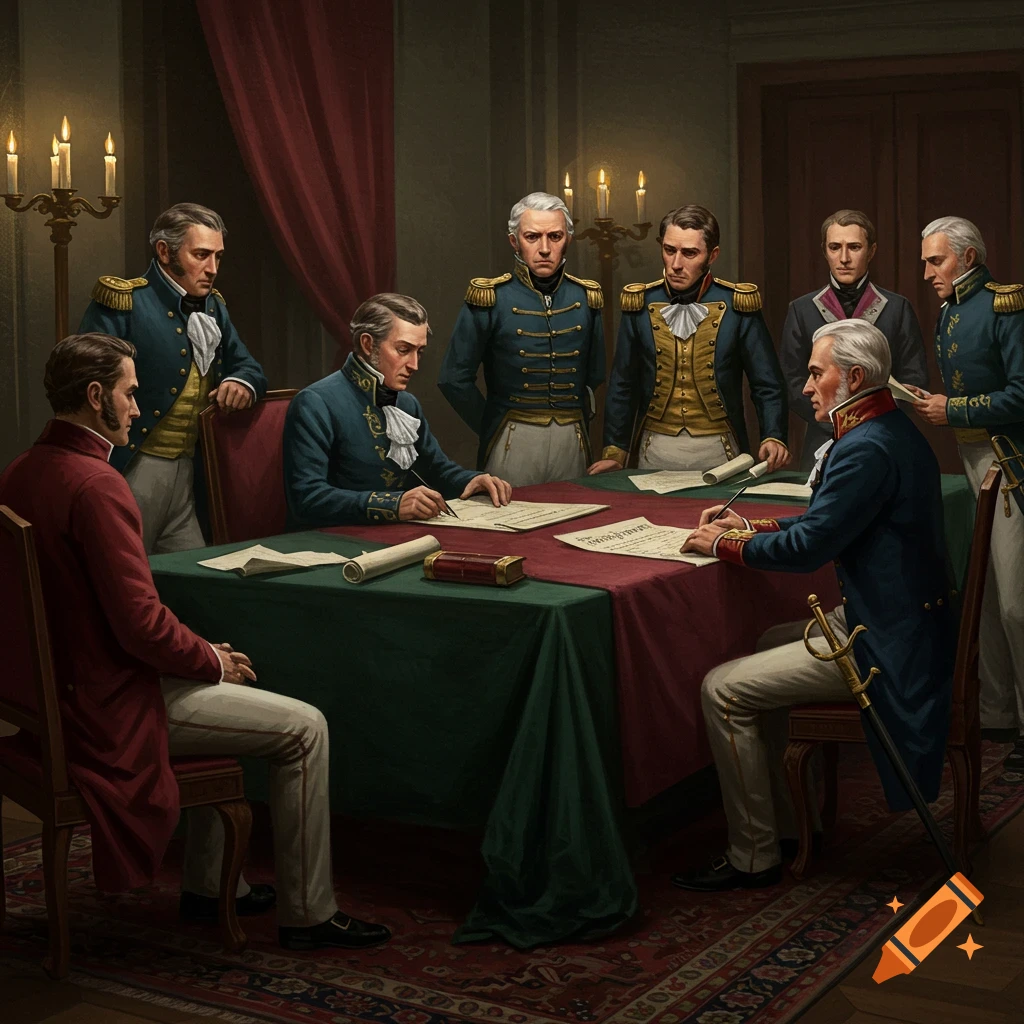 Historical figures in military uniforms signing documents