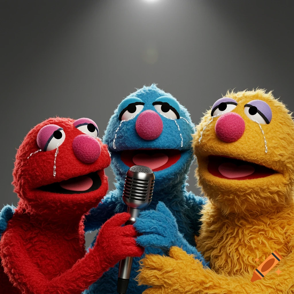 Three crying puppet characters huddle around a microphone under a spotlight