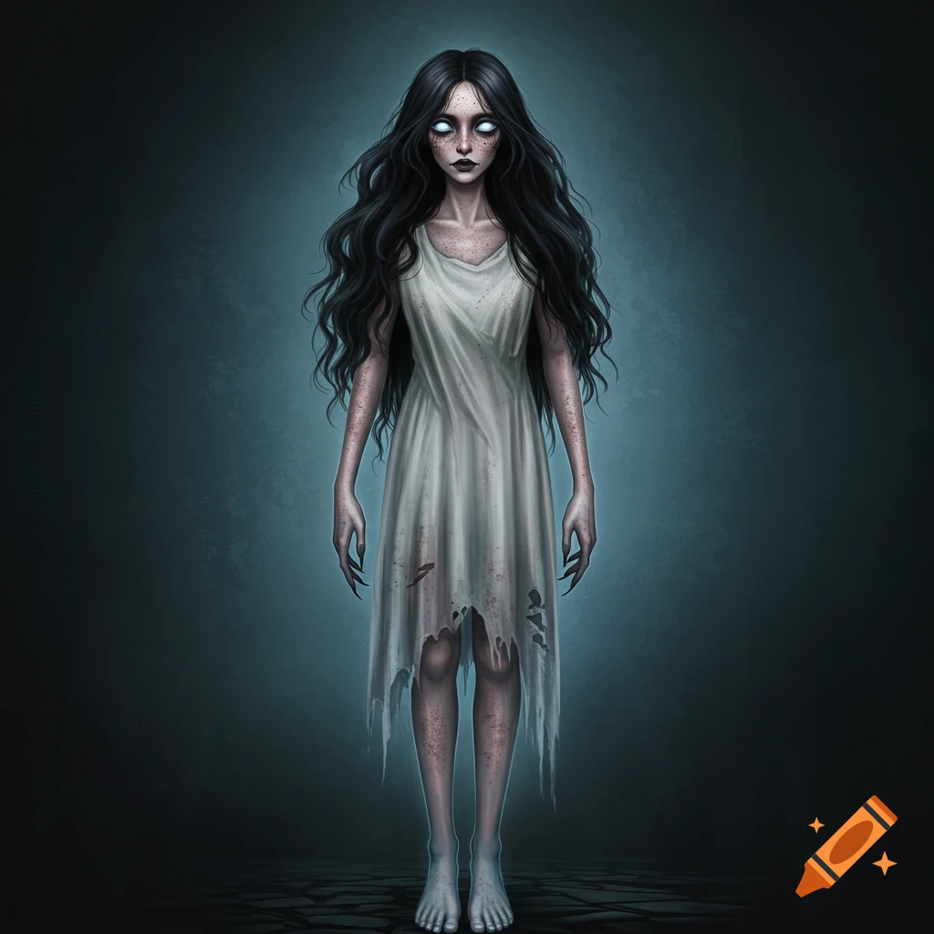 A pale ghost woman with long dark hair, glowing eyes, and a ripped white dress.