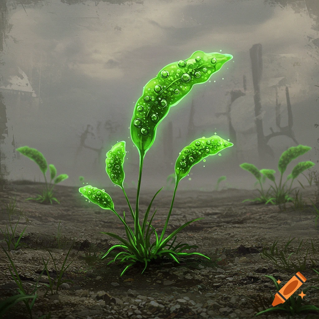 Glowing green plants with water droplets in a ruined, hazy landscape.