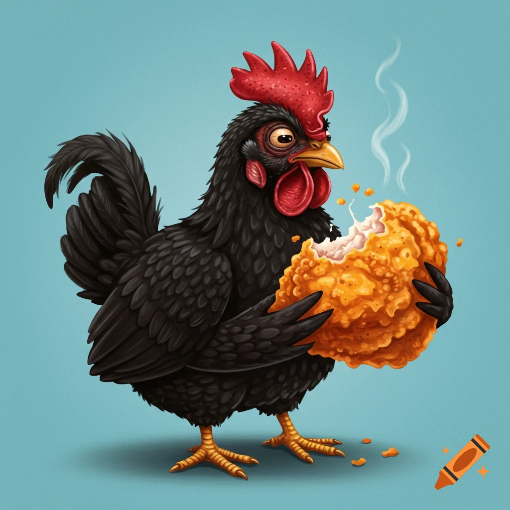 A black chicken is eating a large piece of fried chicken.