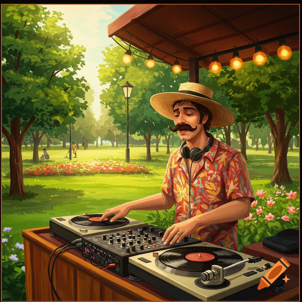 A DJ playing music on turntables in a park