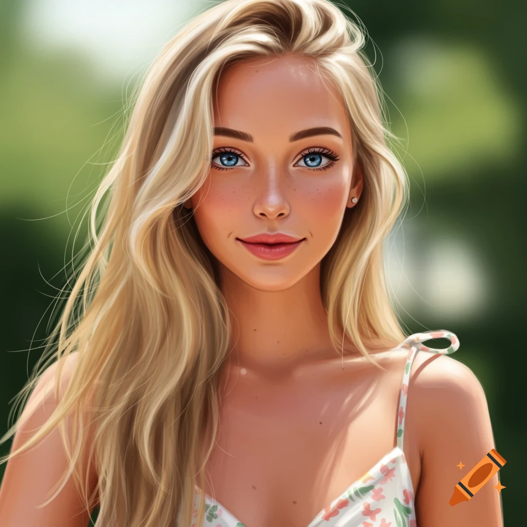 A young woman with blonde hair and blue eyes is smiling while wearing a sundress.