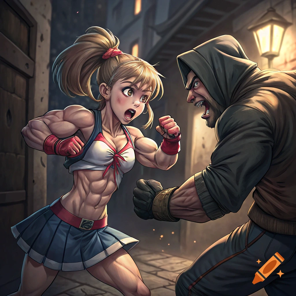 Anime style muscular girl in a skirt and tank top punching a man in a hoodie on a street.