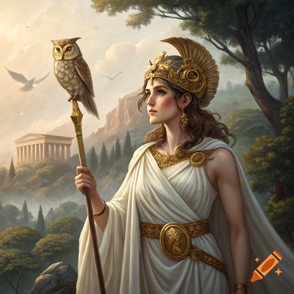Woman in white robe and gold headdress holds staff with owl in ancient landscape with temple, digital art.