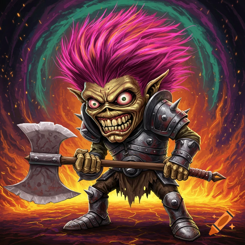 Cartoonish metal mascot monster with pink hair and axe in fiery landscape
