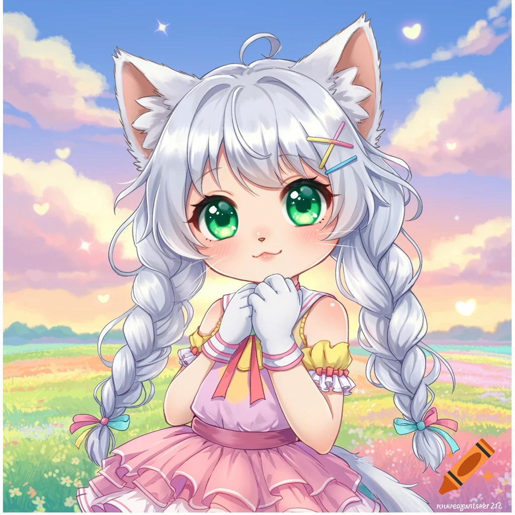 Anime cat-girl with green eyes, white braids, and a pink dress stands in a colorful fantasy meadow under a pastel sky.