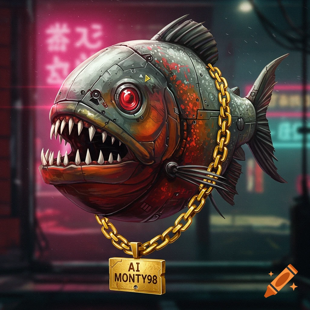 A robotic piranha fish wearing a gold chain in a cyberpunk city.