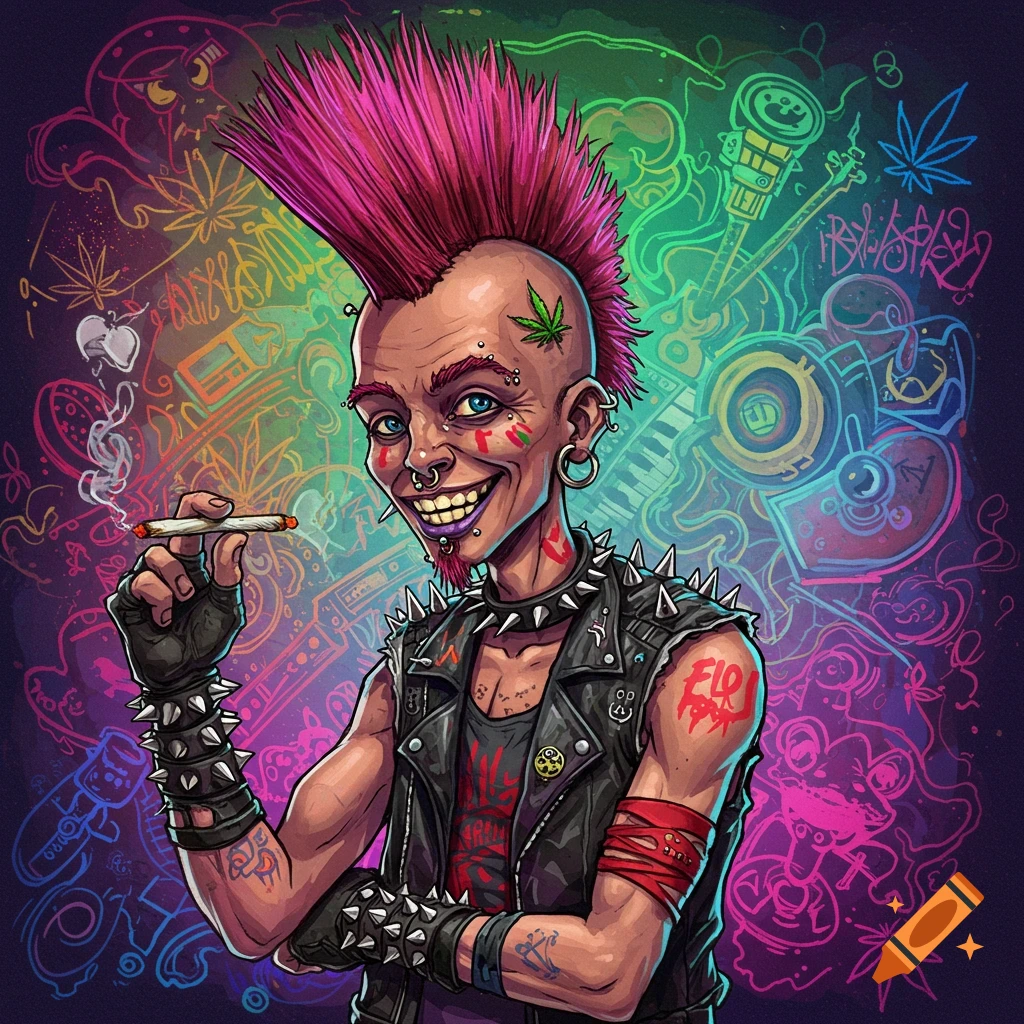 A cartoonish punk rock character with a pink mohawk holds a joint against a background of colorful graffiti and marijuana leaves.