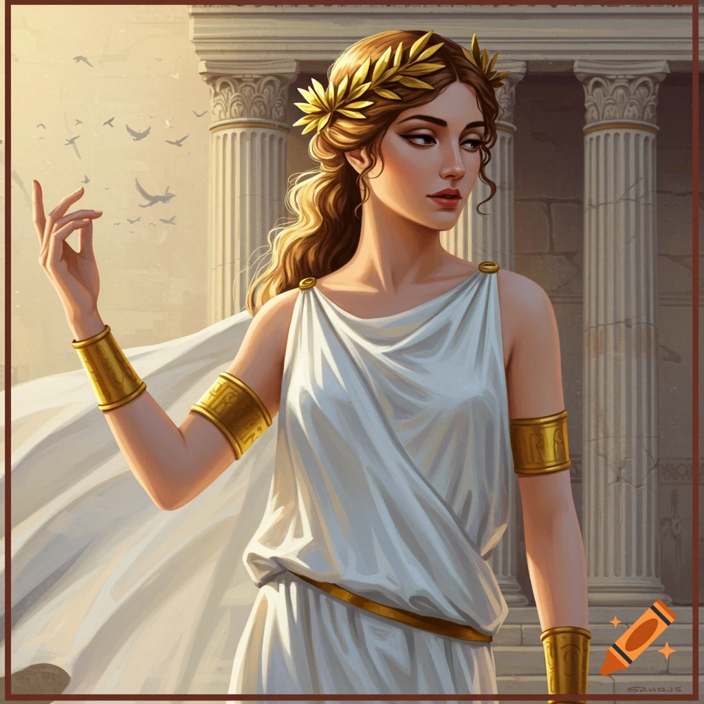 A woman in a white Greek robe with a golden wreath and bangles stands by classical columns with birds flying.