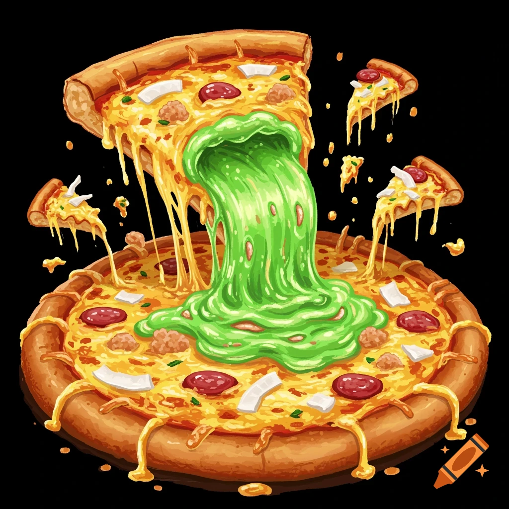 A cartoon slice of pizza vomits green goo onto a pizza below, with drips and scattered pieces on black background.