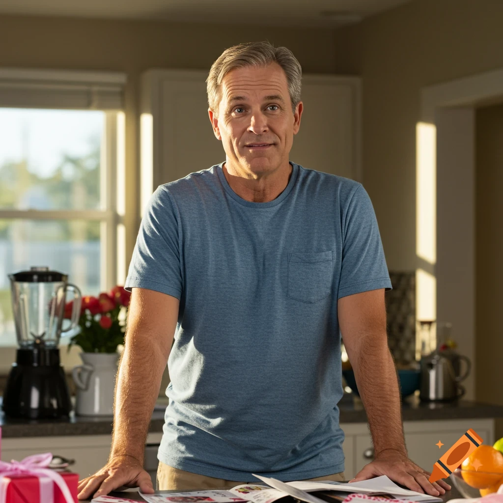 Middle-aged man stands behind a counter in a kitchen, looking confused with gifts and kitchen items.