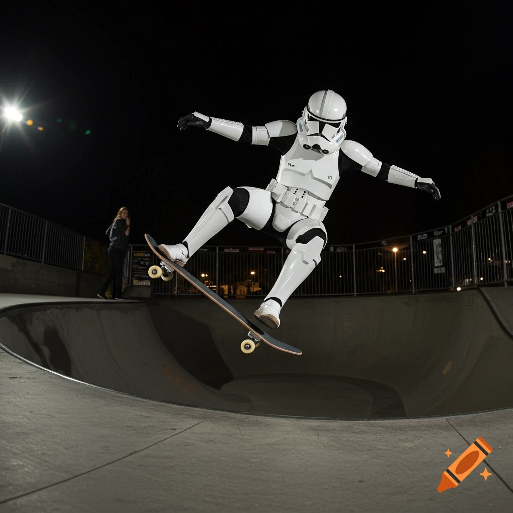 A Stormtrooper does a skateboard trick in a skatepark at night, captured with a flash and fisheye lens.