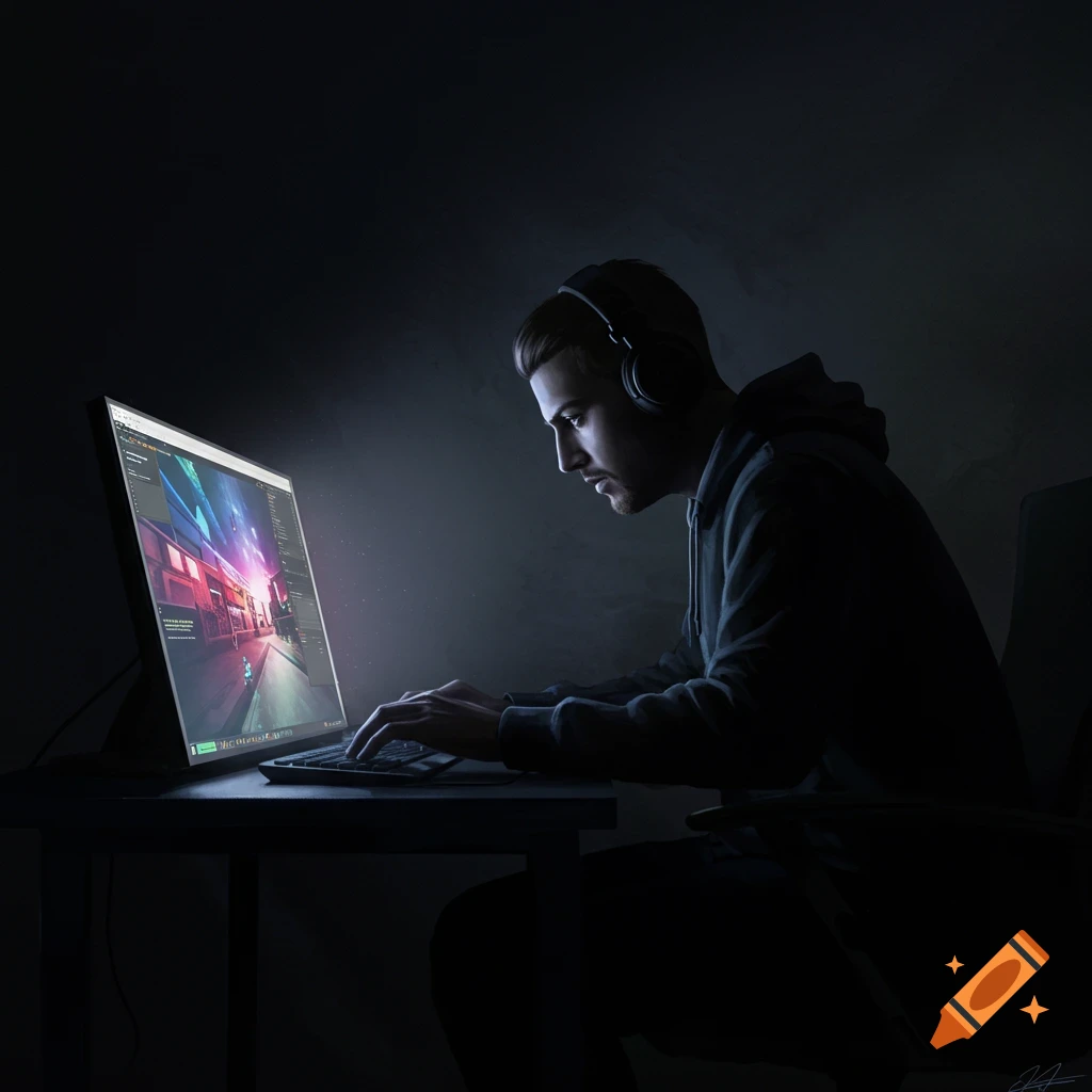A shadowy figure wearing headphones is intently focused on a brightly lit computer screen in a dark room.