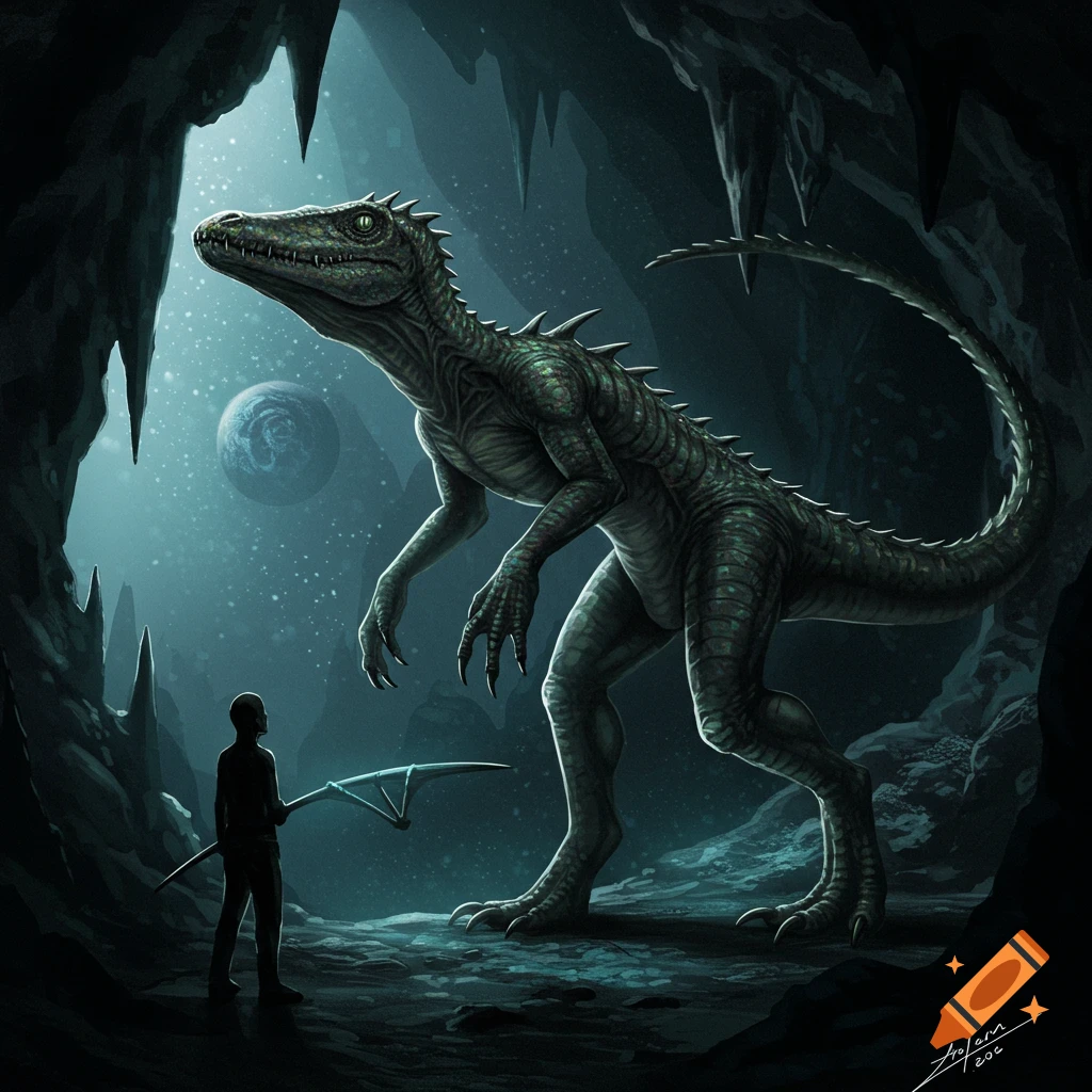 A large reptilian creature confronts a person in a cave under a starry sky.