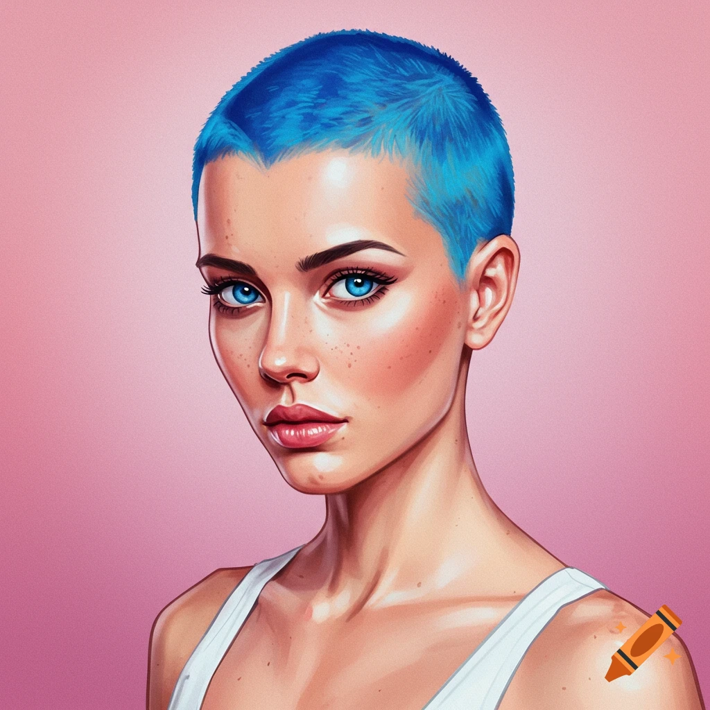 A close-up of a woman with blue eyes and bright blue buzz cut hair.