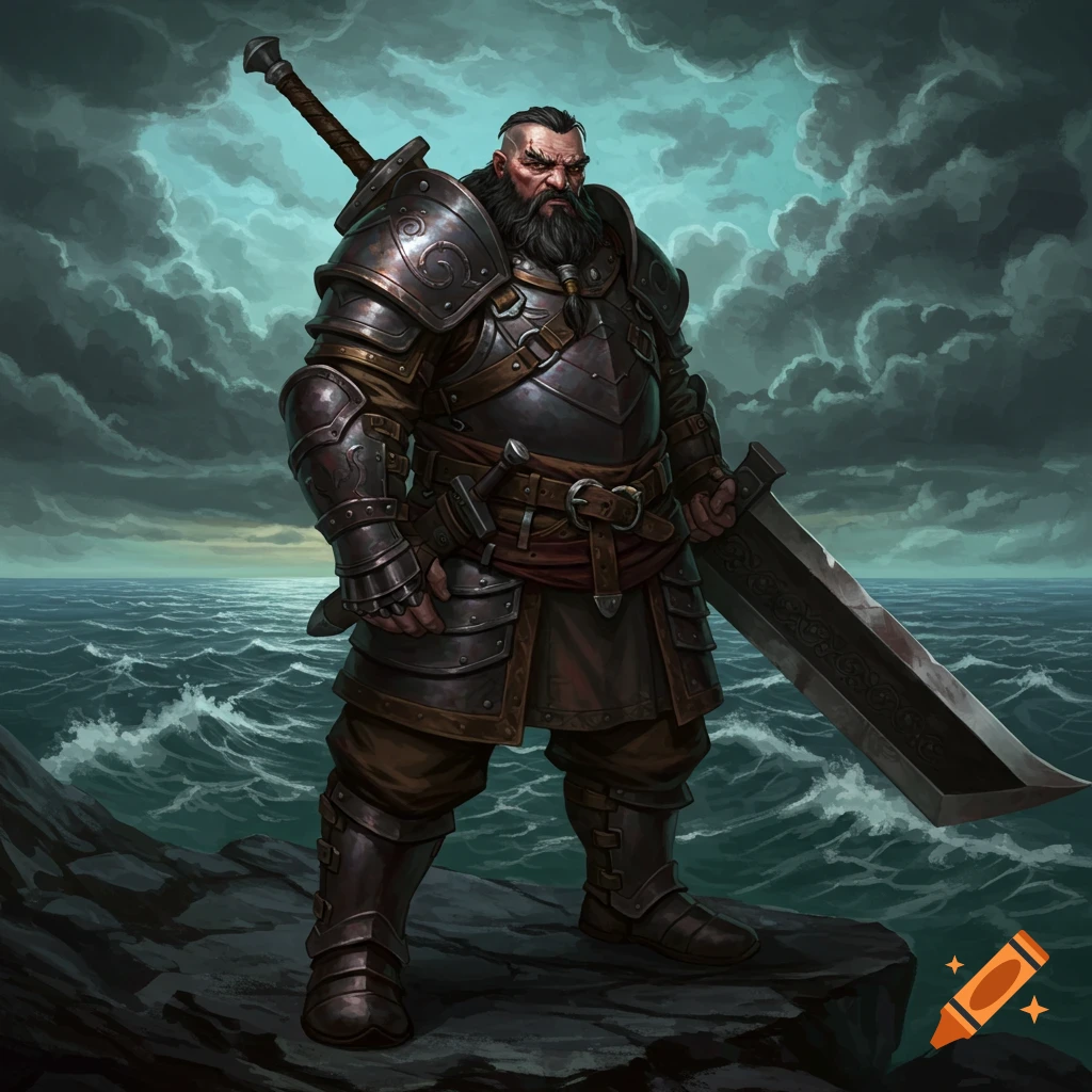 A heavily armored warrior with a large sword stands on a rock by the ocean under dramatic clouds.