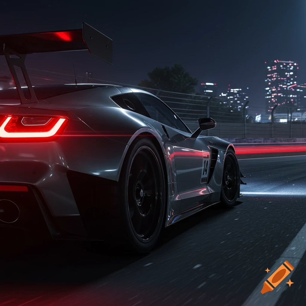 Silver race car on track at night with red taillights, motion blur, city lights in background. Photorealistic game style.