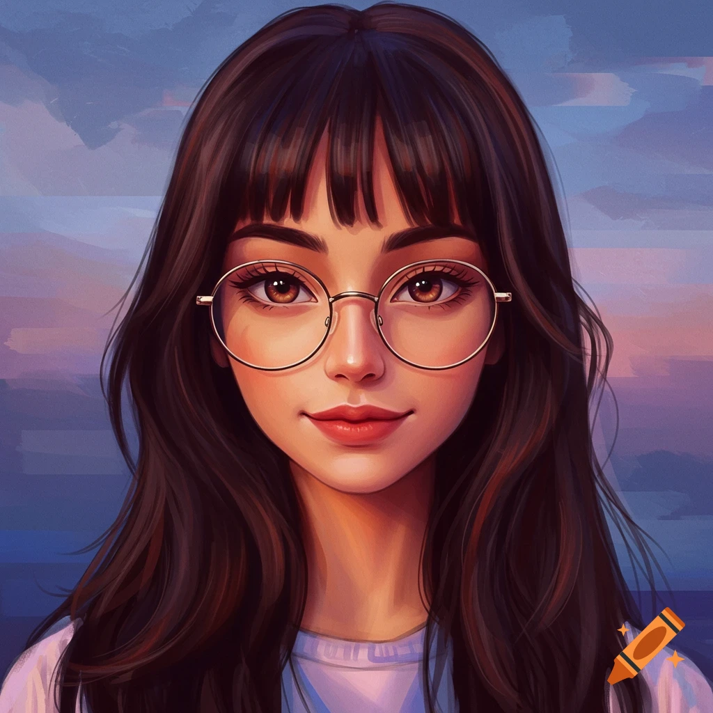 A girl with long dark hair, bangs, and round glasses stands against a sunset sky.