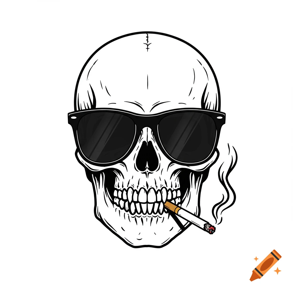 Vector drawing of a skull wearing sunglasses and smoking a cigarette.