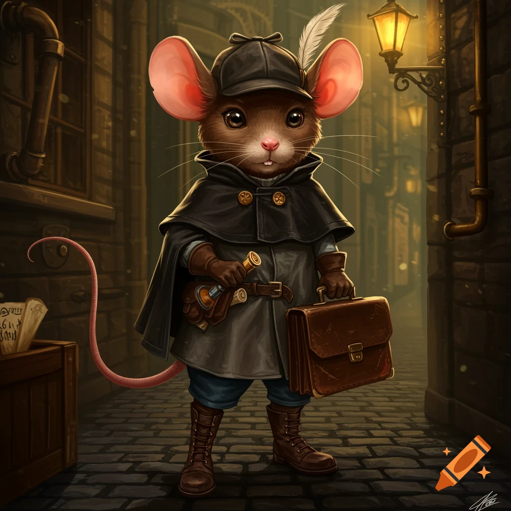 A cute anthropomorphic mouse detective in a cape and hat holds a briefcase in a dark alley.