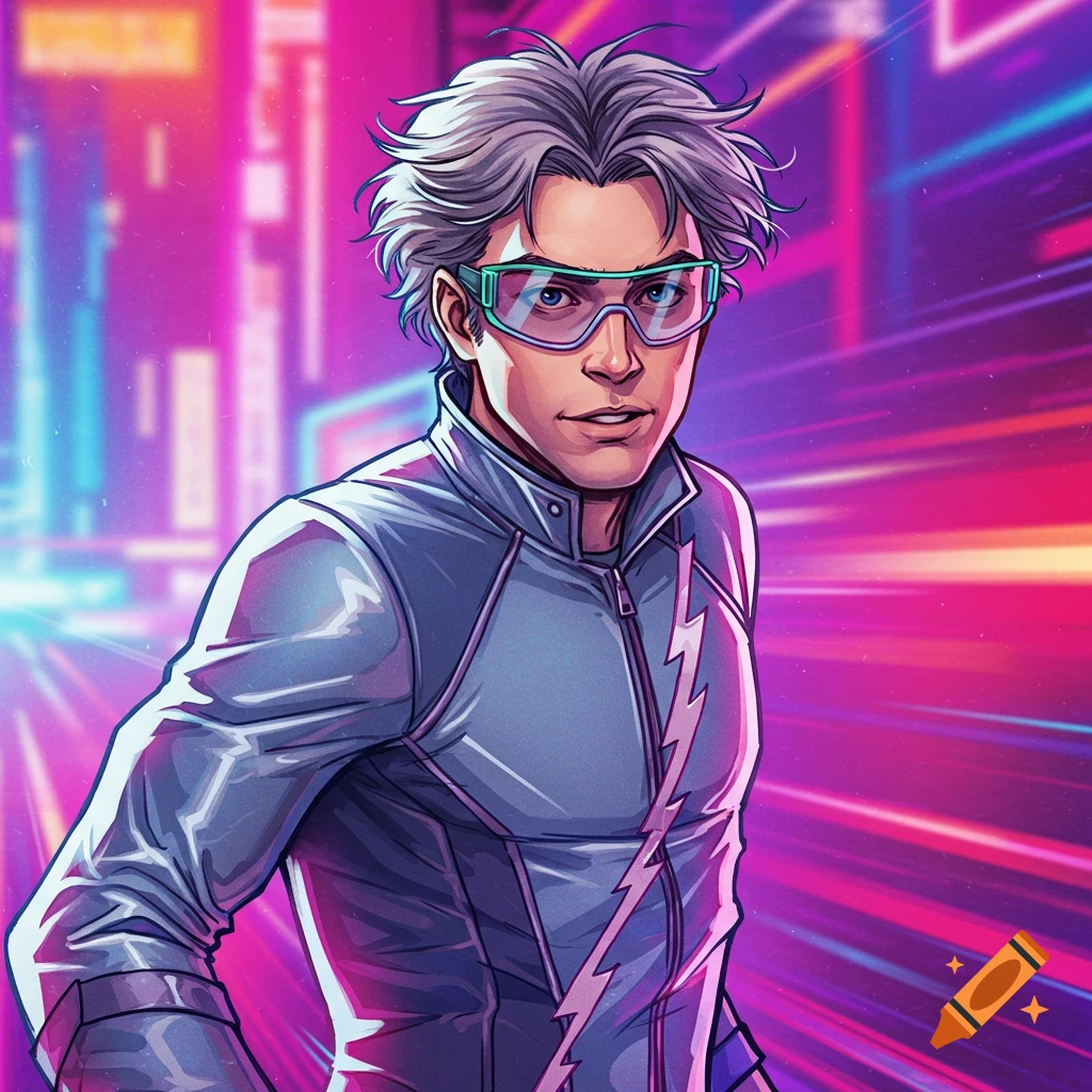 A superhero in a silver jacket and goggles stands against a vibrant retro background.