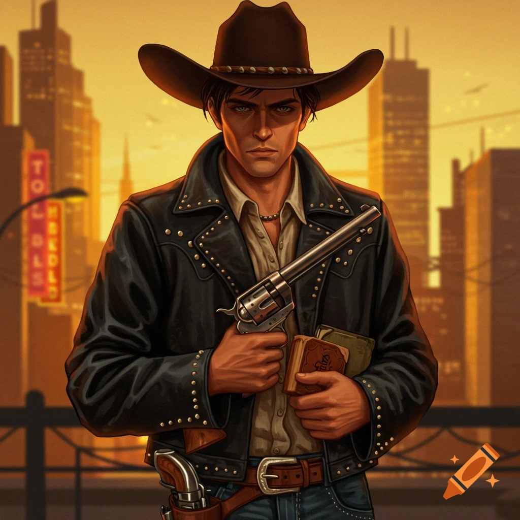 A man dressed as a gangster cowboy holding a gun and books in front of an urban skyline at sunset.