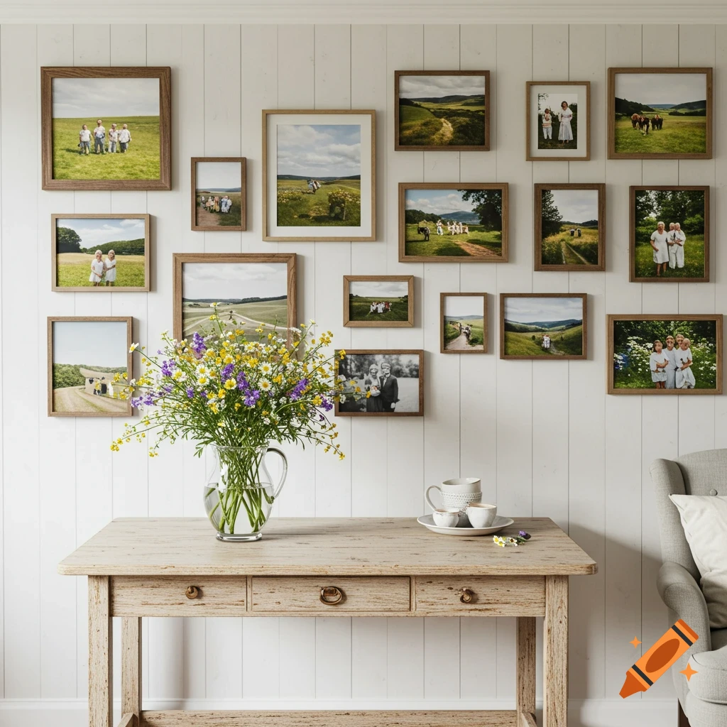 A wall in a cottage is covered with framed family photos and landscape pictures above a wooden table with flowers and teacups.