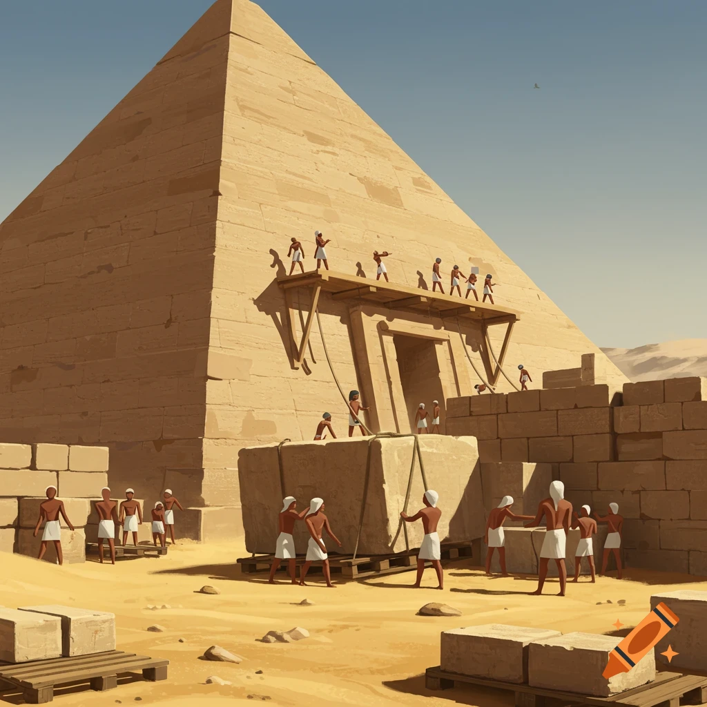 Ancient Egyptians using pallets and ropes to move large stones while building a pyramid