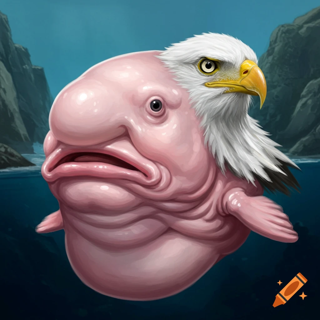 A hybrid creature with the body of a pink blob fish and the head of a bald eagle, swimming underwater.
