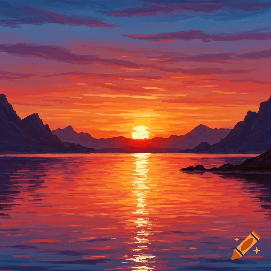 A vibrant image of a lake reflecting a red and orange sunset behind mountains.