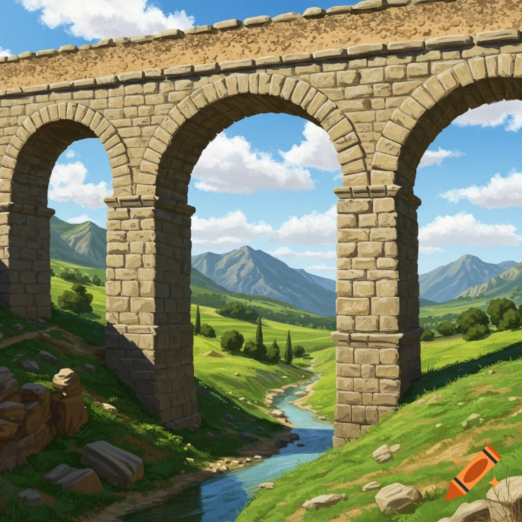 A stone aqueduct over a green valley with a river and mountains.