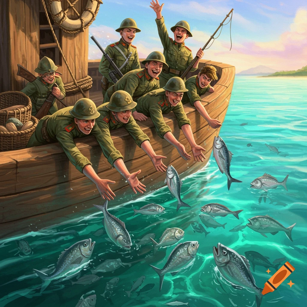 Smiling soldiers on a boat reaching into the water for fish.