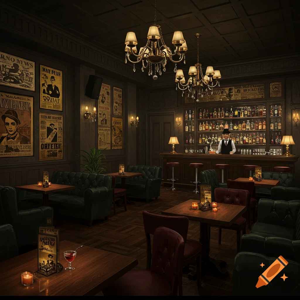 A dimly lit, vintage bar interior with leather booths, small tables, chandeliers, and a bartender behind a fully stocked bar.