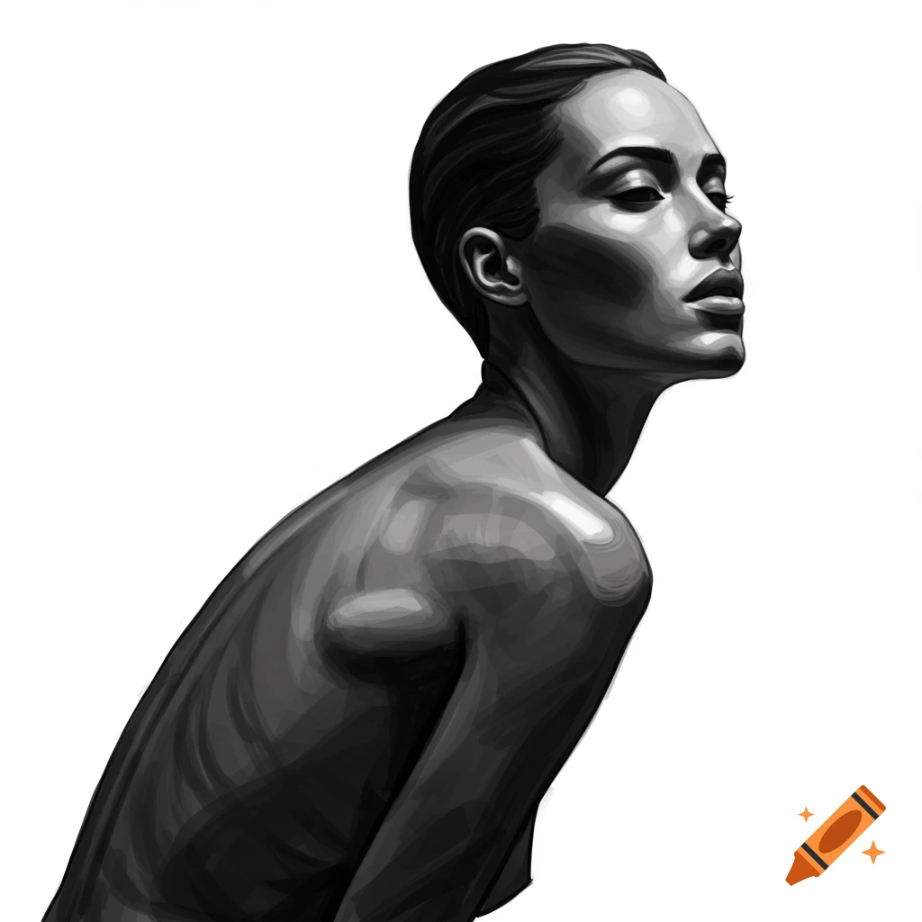 Grayscale image of a woman's profile and torso, focusing on light and shadow.