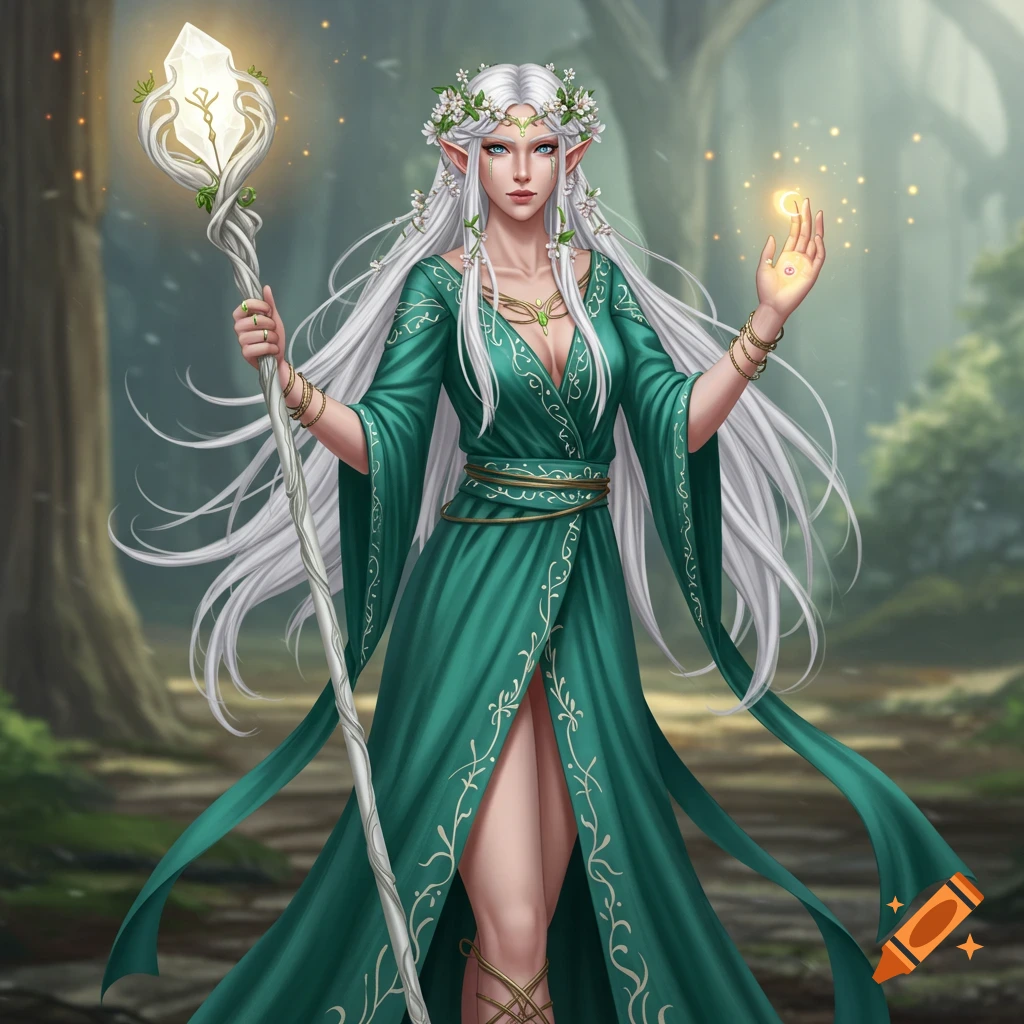 A female fantasy elf character with white hair, wearing a green dress, holding a staff and casting a spell in a forest.