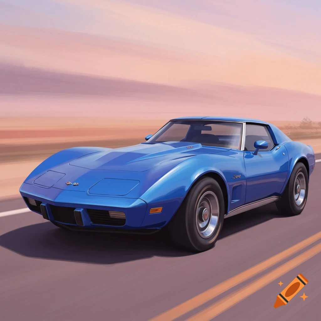 A blue 1974 Corvette Stingray driving on a desert road at sunset