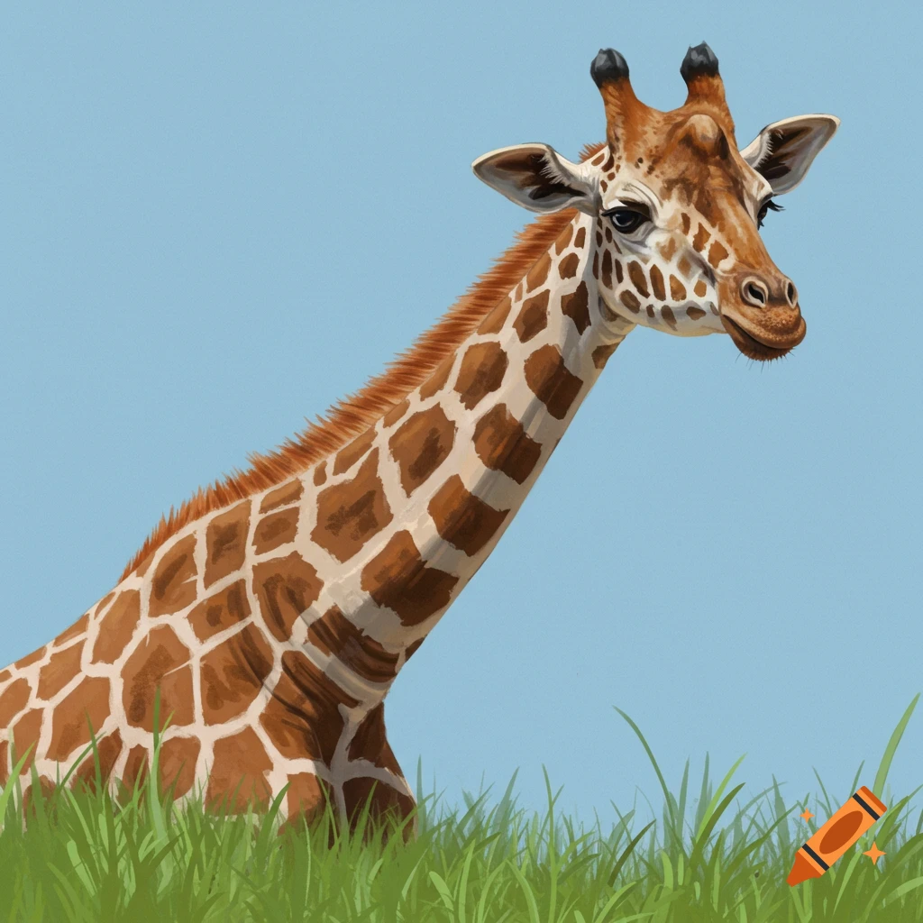 A giraffe is in tall grass against a blue sky.