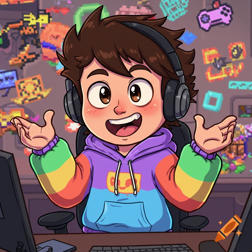 Cartoon person with headphones at desk with computers and pixel art background