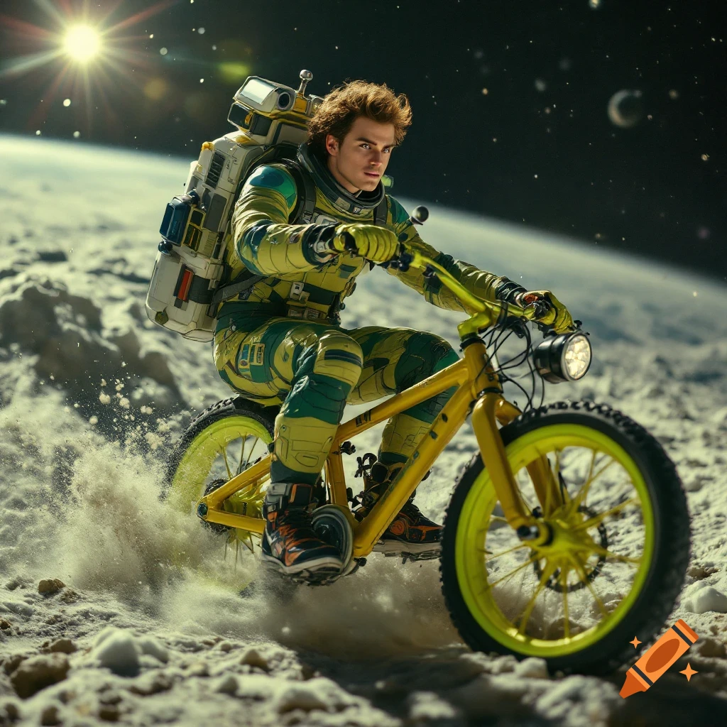 Person in spacesuit rides a yellow bicycle on a moon surface with Earth in the background.