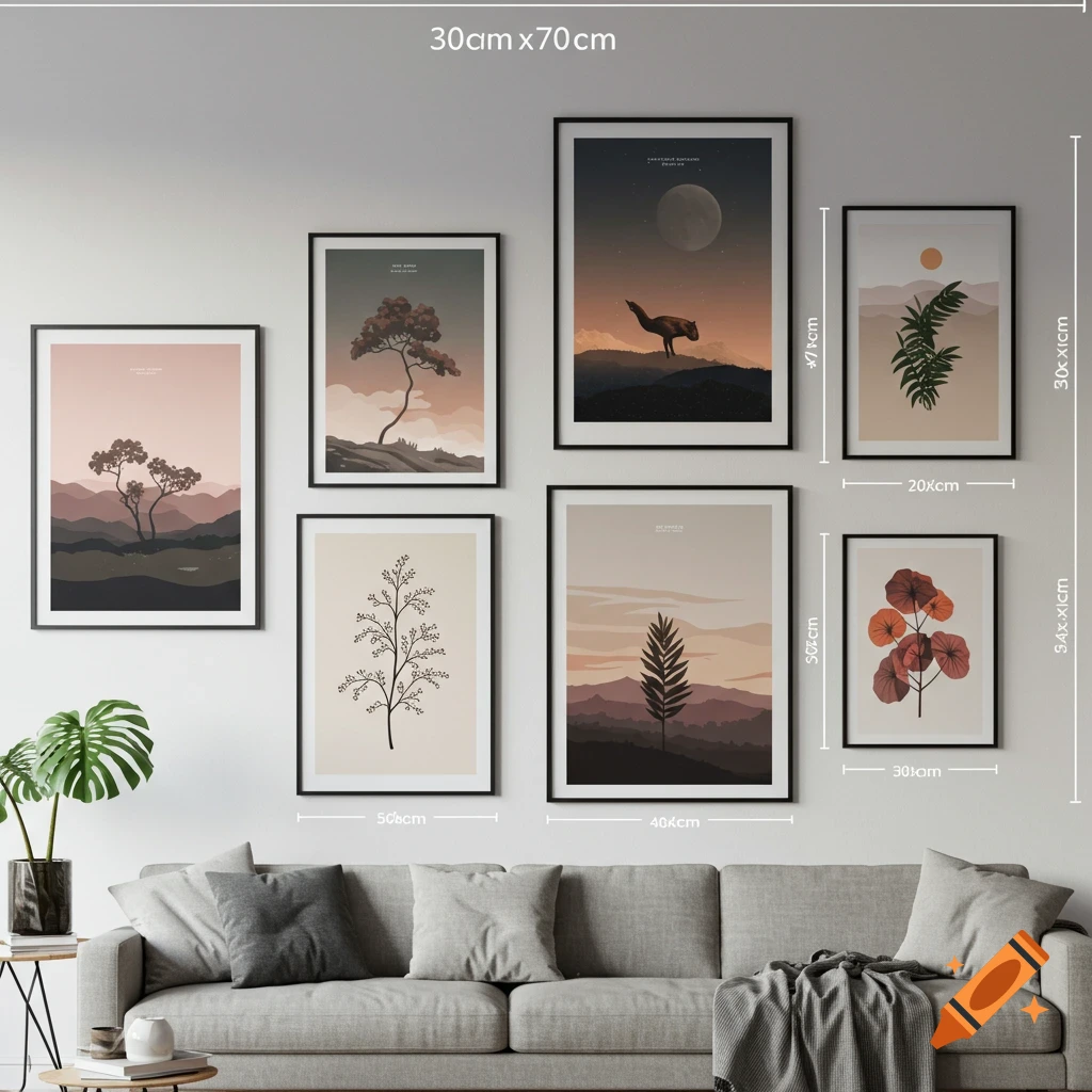Living room wall with gray sofa below a gallery wall of six framed minimalist art prints featuring landscapes and plants, with measurement labels.
