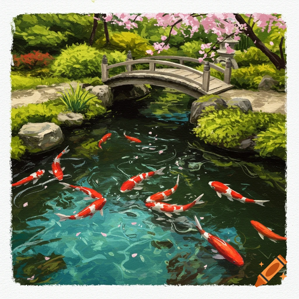 A Japanese garden with koi fish swimming in a pond under a bridge with cherry blossoms.