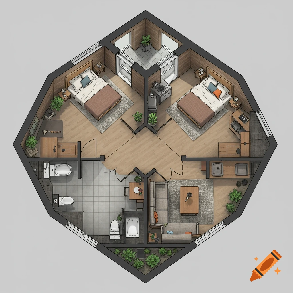 Top-down floor plan of an octagonal apartment with two bedrooms, two bathrooms, a living area, and entrances.