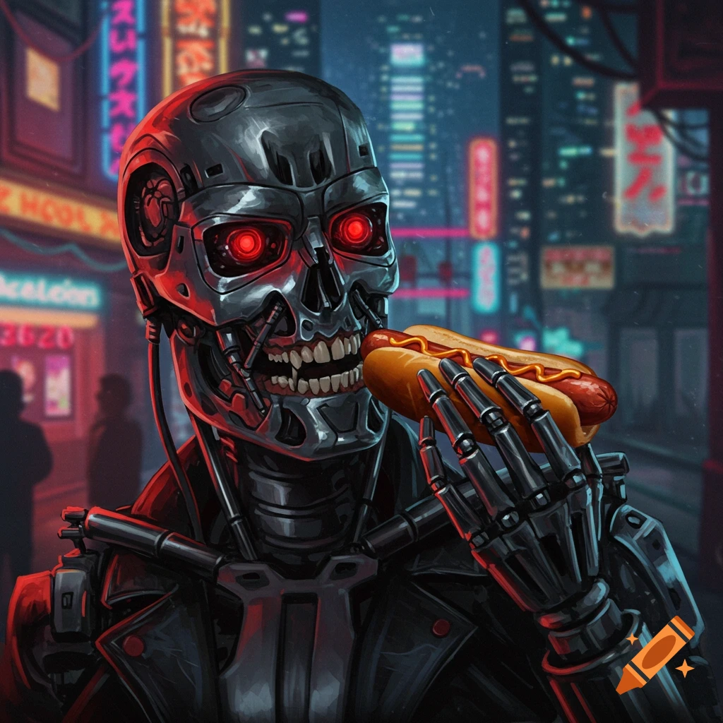 A Terminator eating a hot dog in a neon-lit cyberpunk city.
