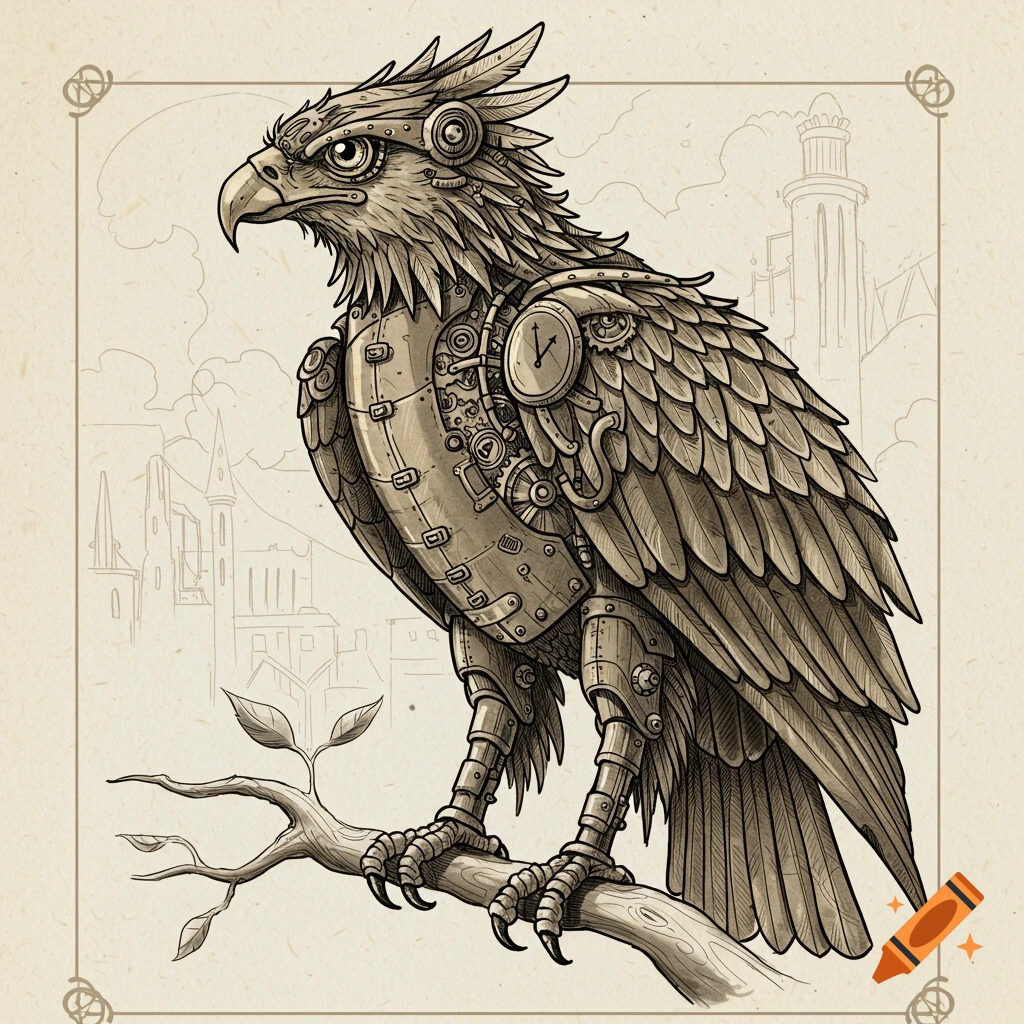 Steampunk eagle drawing perched on branch with city background sketch