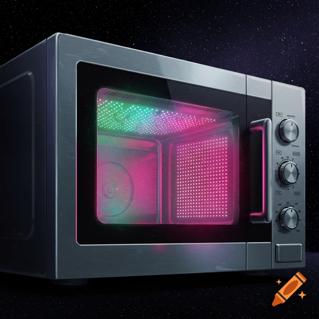 A microwave with glowing pink and green LED lights inside, set against a starry background.