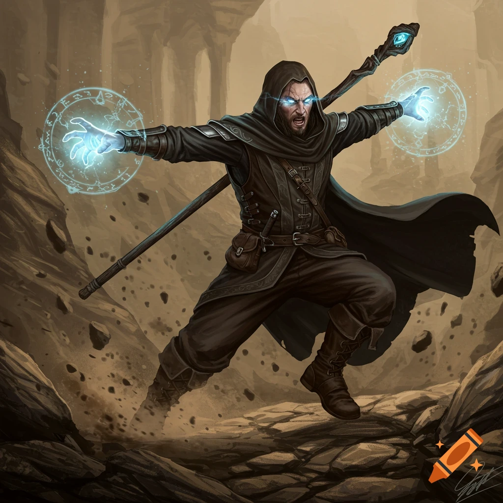 A wizard casting glowing blue spells while leaping across rocky ground