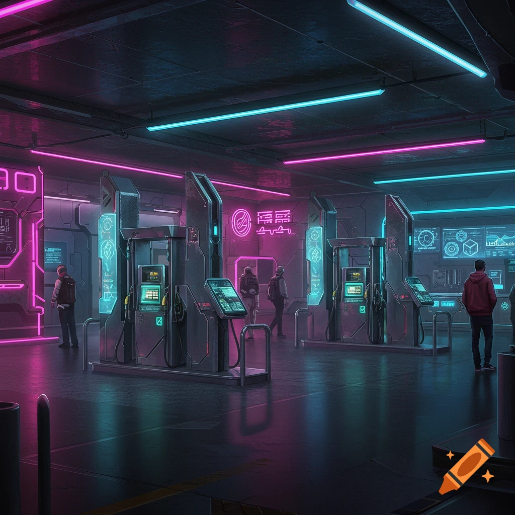 A futuristic indoor gas station with neon pink and blue lights and people.