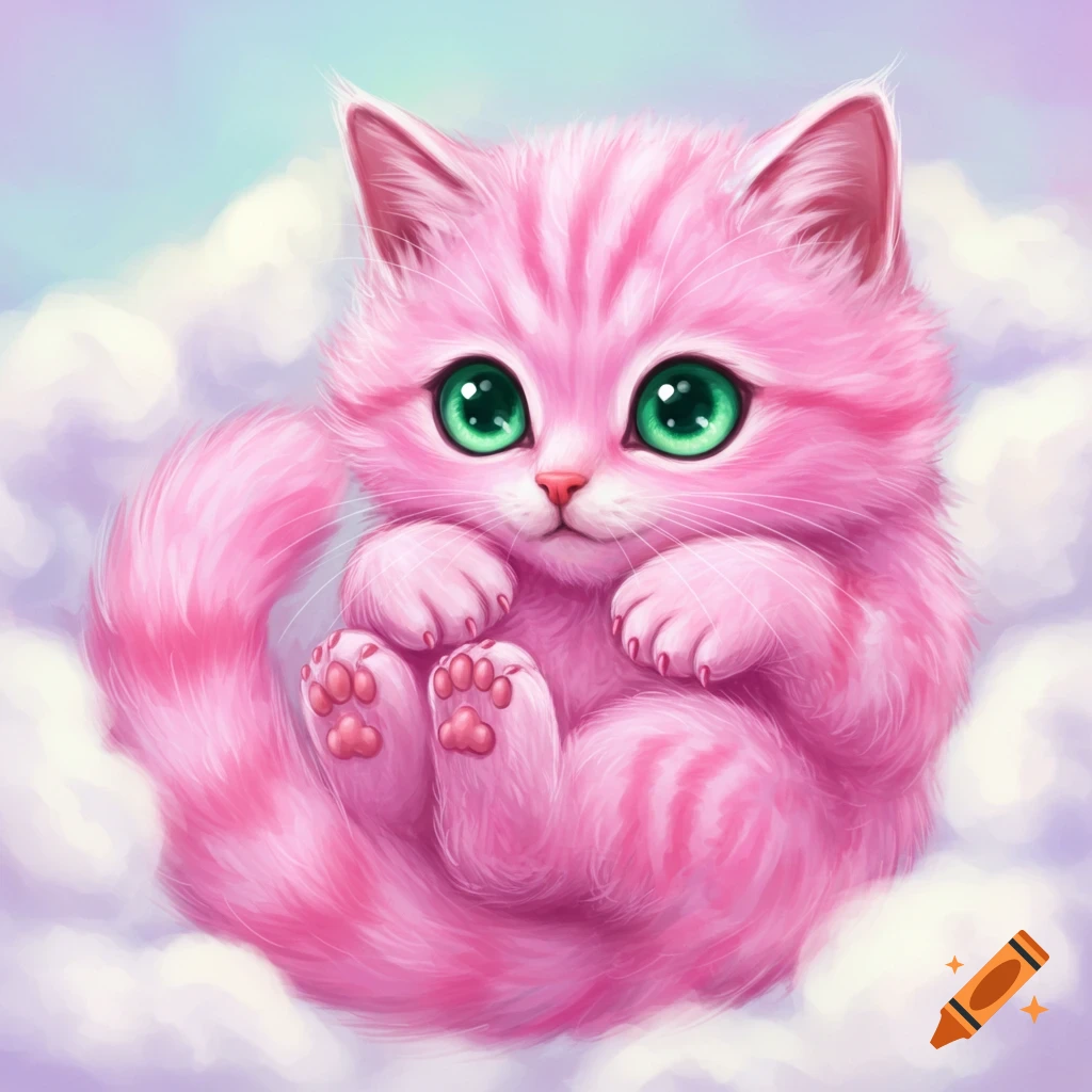 A pink kitten with large green eyes sits on clouds.