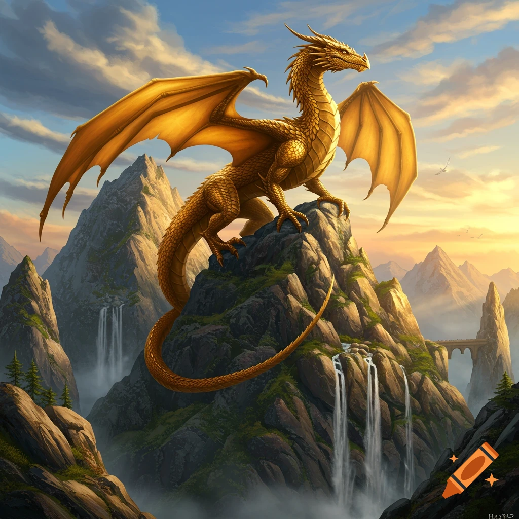 A realistic golden dragon perches on a rugged mountain peak overlooking waterfalls and a valley.
